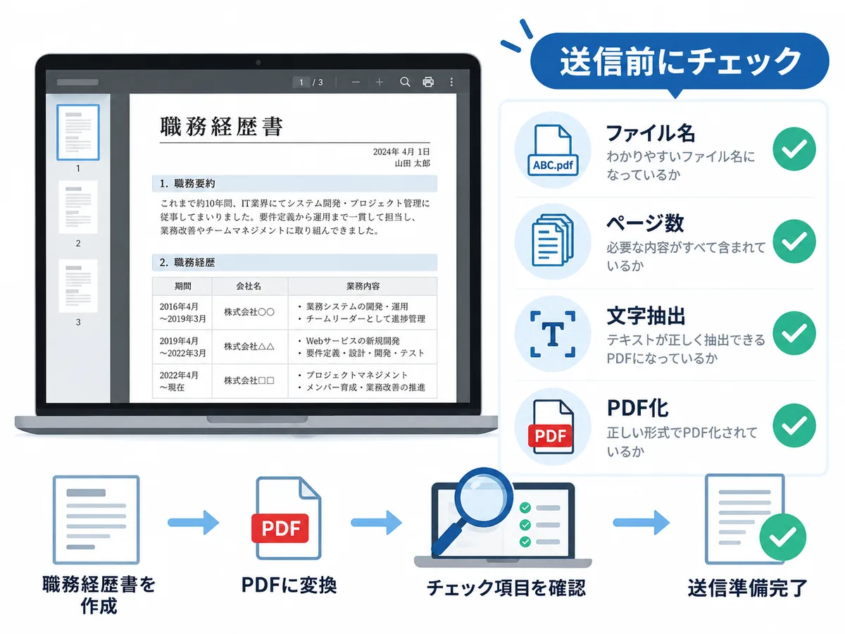 職務経歴書PDFのファイル名・ページ数・文字抽出・PDF形式を送信前に確認する図